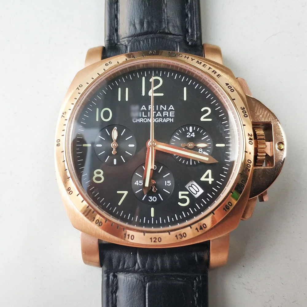 

Chronograph VK63 quartz movement 40MM 316L stainless steel case pink dial leather strap 04ab