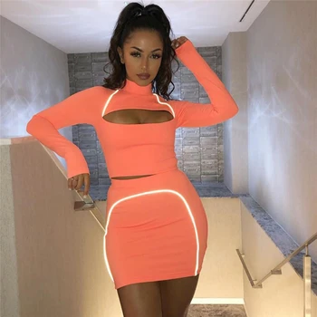 

Autumn Two Piece Sets Women Sexy Hollow Out Solid Tops Skirts Set Striped 3M Reflective Female Casual Holiday Outfits