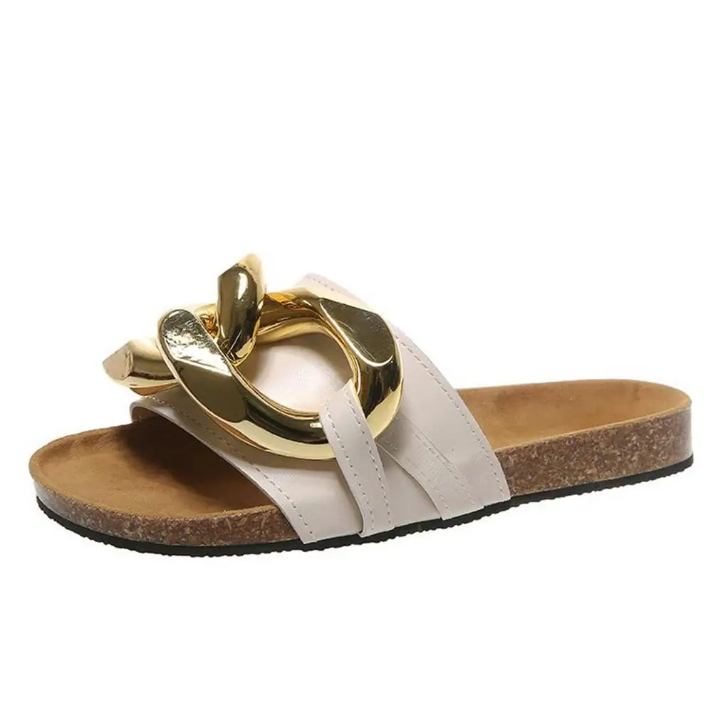 lady round head Slippers summer open-toe Flat shoes PU vamp metal buckle Relief decor flip flop woman sandals beach Slippers