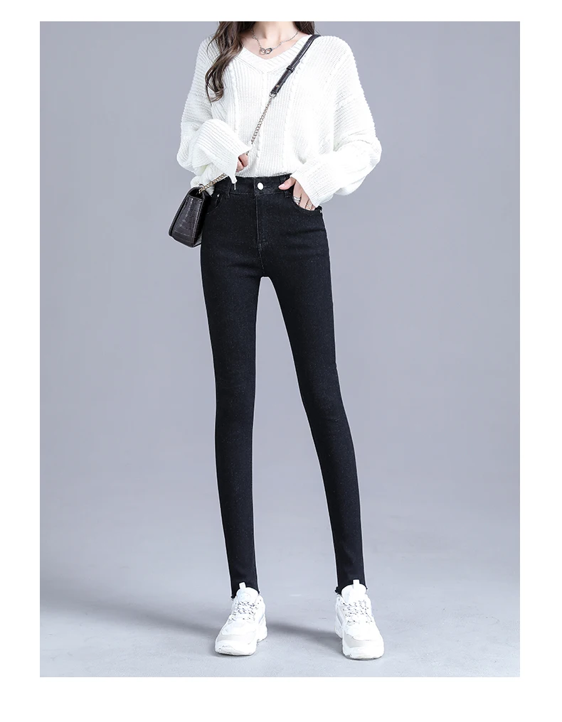 levis 501 Female Korean High Waist Jeans Women'S Winter Elastic Leggings Trousers Spring Autumn Leisure New Slim Pencil Tight Pants Lady buckle jeans