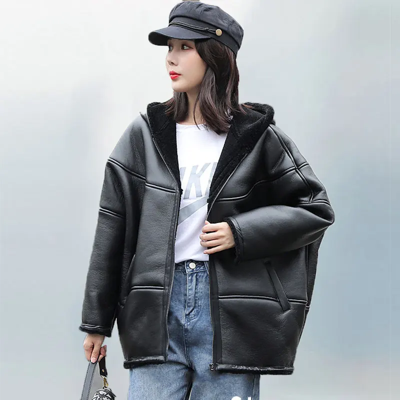 Европейская шерстяная кожаная куртка для женщин chaquetas mujer модная повседневная куртка с капюшоном большого размера женское Свободное пальто chaqueta mujer