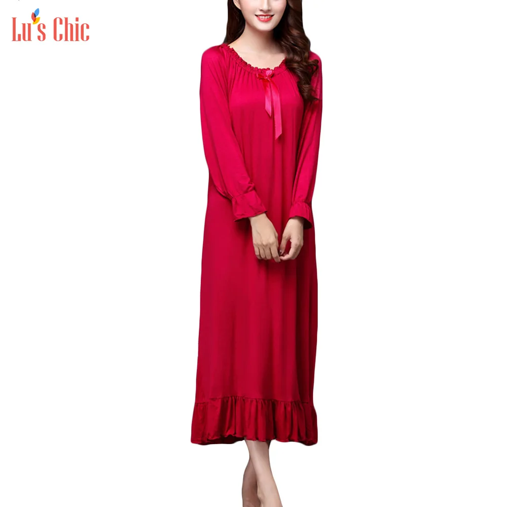 Lu's шикарное женское викторианское пеньюар с длинными рукавами хлопковое платье для сна винтажное мягкое ночное белье - Цвет: Red