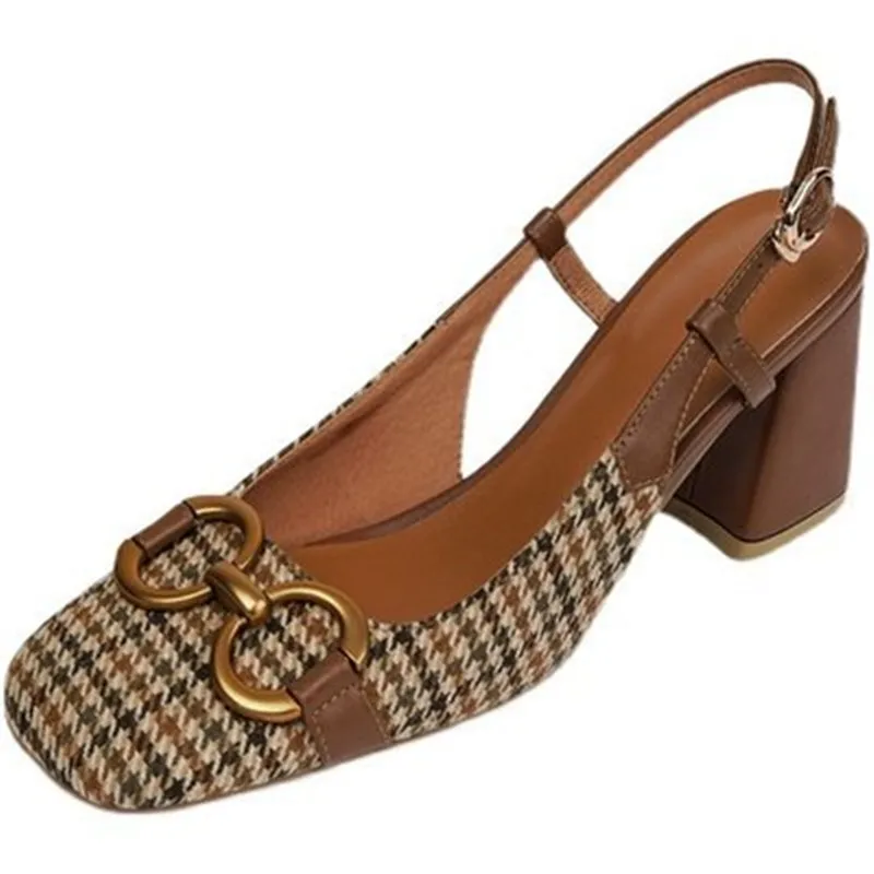 Retro Plaid Fabric High Heels Shoes For Women Metal Buckle Square Toe Pumps Spring New Thick Heel Back Strap Ladies Office Shoes
