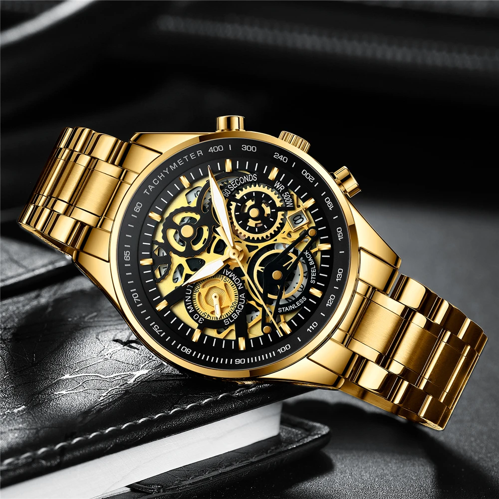 NIBOSI Мужские часы от топ бренда роскошные золотые мужские скелетоны бизнес