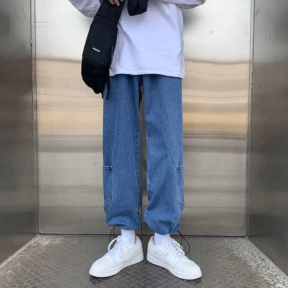 

2021 Men's Blue/Black Color Jeans Trend Loose Straight Casual Pants Multi Pockets Korean Streetwear Trousers Plus Size M-3XL