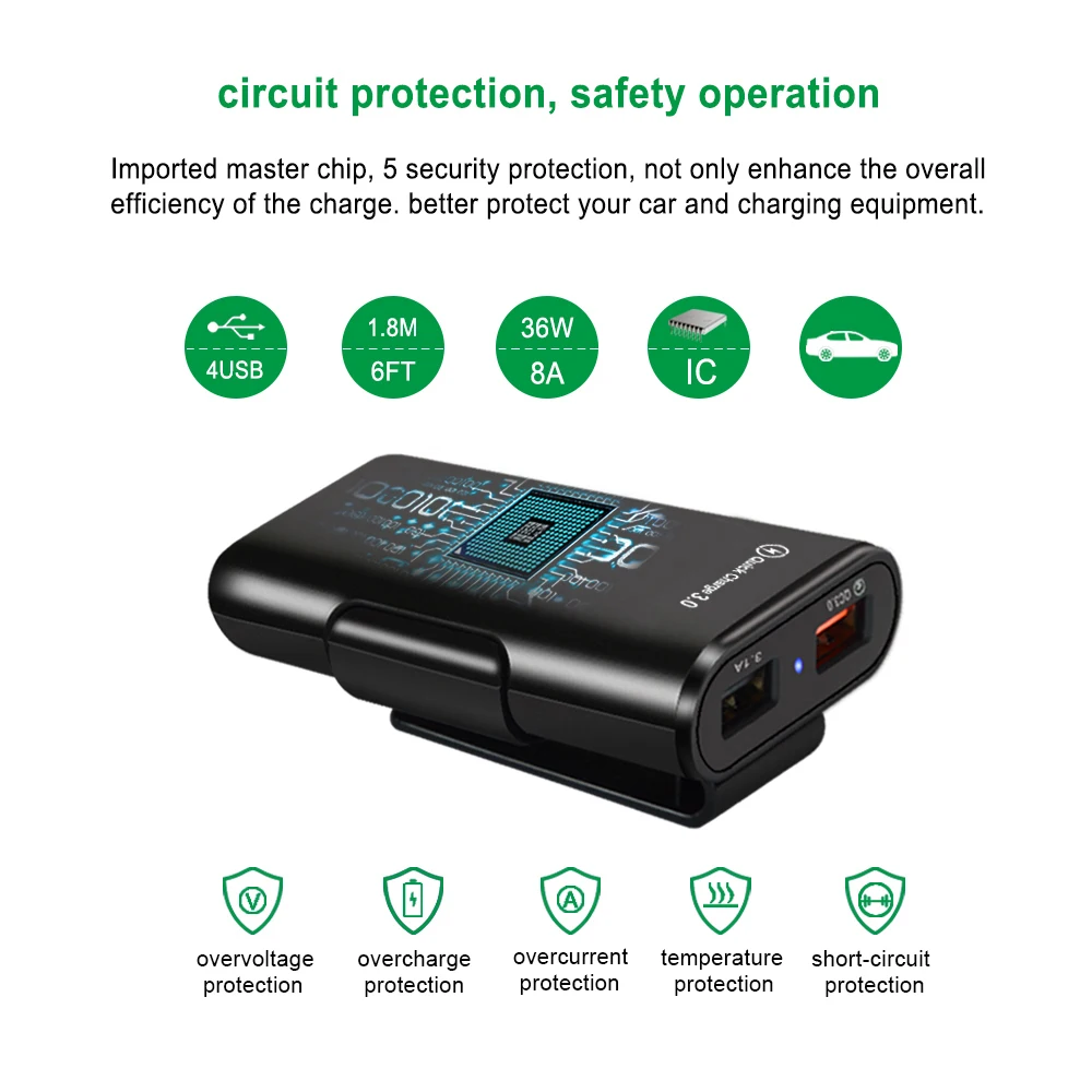 Автомобильное зарядное устройство USB быстрое QC 3 0 4 порта автомобильное для