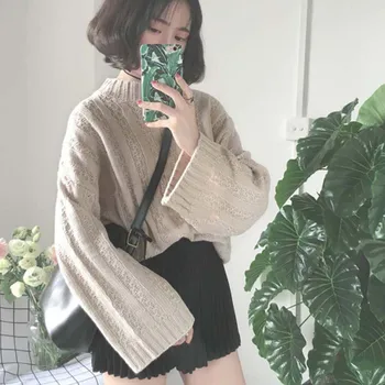 

New Casual Loose Autumn Winter Half Turtleneck Sweater Women Solid Long Sleeve Knitted Sweaters Warm Pullover Sweater pull femme