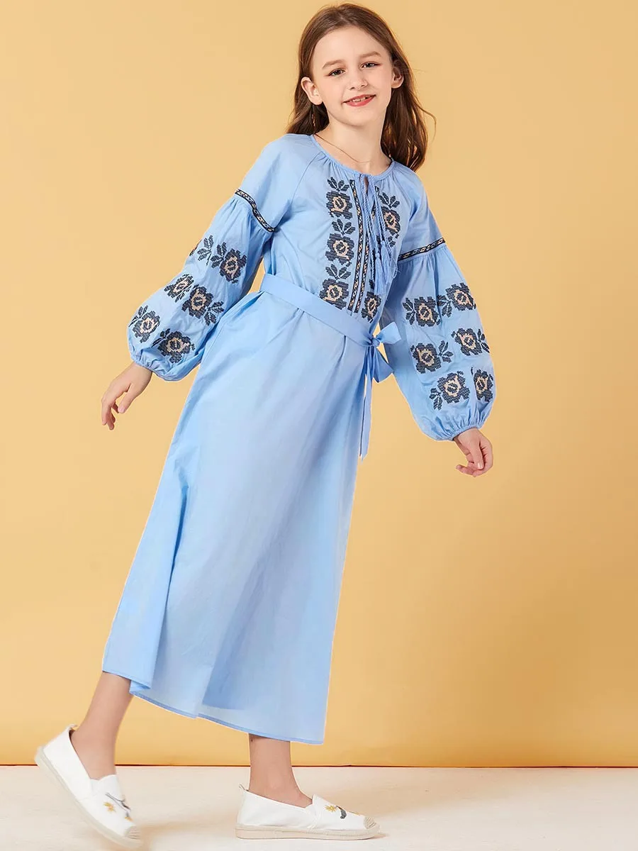 Teenage Girl Princess Embroidery Long Dress with Belt Sleeve Light Blue Maxi Muslim Girls Casual Clothing | Детская одежда и обувь