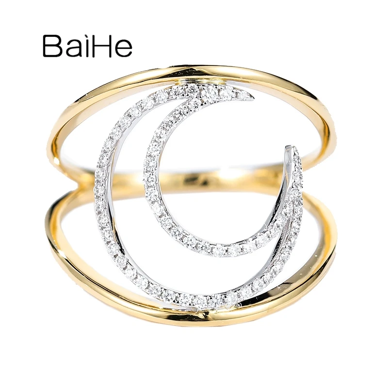 

BAIHE Solid 14K White Yellow Gold 0.16ct H/SI Natural Diamond Moon Ring Women Men Trendy Party Fine Jewelry Making anillo luna