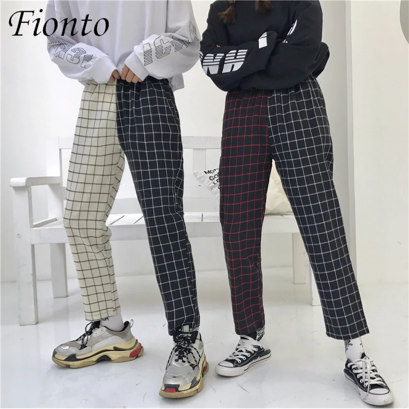 

Fionto Vintage Paid Patchwork Pants Harajuku Woman Man Trousers Elastics High Waist Pants Korean Causal Straight Pants CE3386