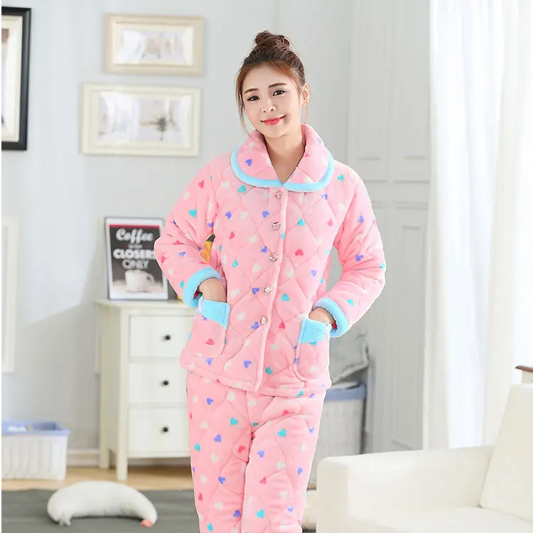 

Small Heart Women's Padded Pajamas Coral Velvet Three Layer Warm Thick Section GIRL'S Students Pajamas Long Sleeve Two-Piece Set