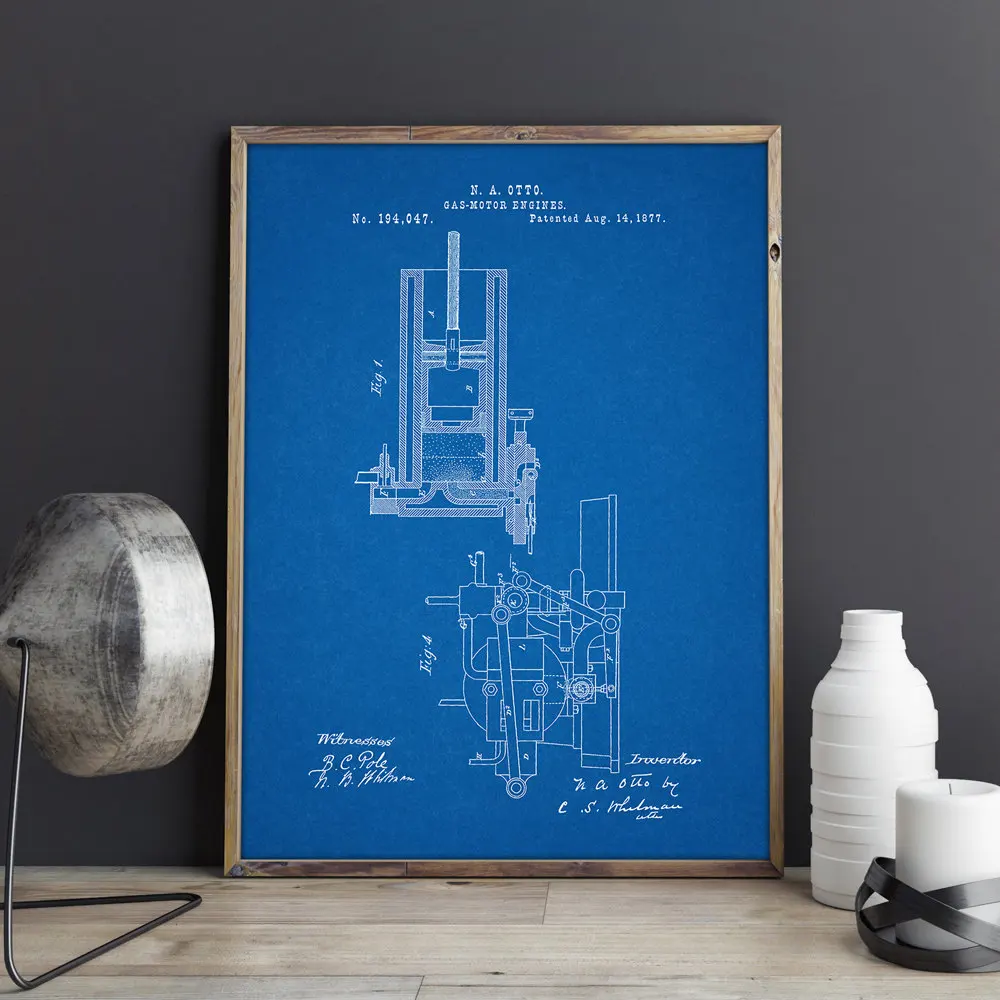 Горючий 4 Цикл двигателя Отто 1877 патент плакат, механик подарок, автомобильный декор, части автомобиля искусство, мотор, газовый двигатель