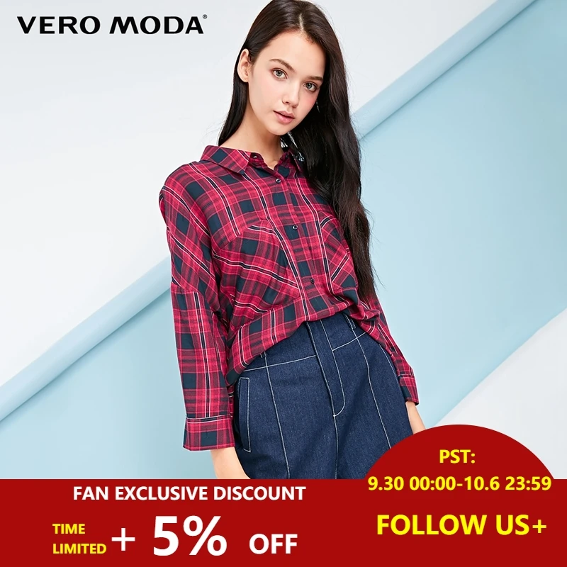 

Vero Moda 2019 New Women's Loose Fit Off-shoulder Knotted hemline Plaid Back drawstring 3/4 Sleeves Blouse Shirt | 318331517