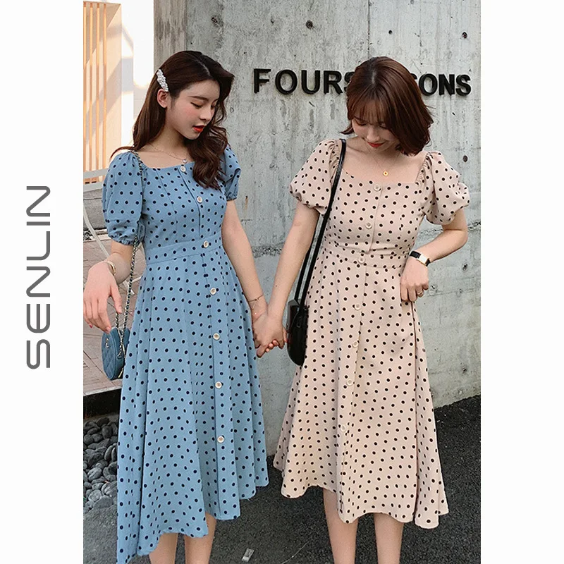 

2019 Summer New Style Blue Polka Dots Chiffon Dress Women's Mid-length Puff Sleeve Skirt Hepburn Wind fu gu qun
