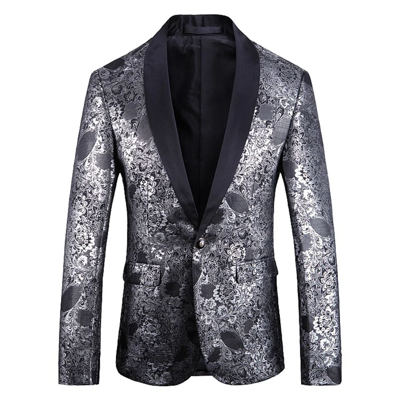 Vaguelette розовый цветочный узор серебряный блейзер для мужчин элегантный шаль воротник s блейзеры Slim Fit Вышивка смокинг куртка пальто M-5XL