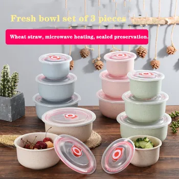 

Wheat Straw Mixing Bowls (Set of 3) Storage Bowls with LID Meal Mixing Prepping Sealed Preservation Bowl Utensils for kitchen