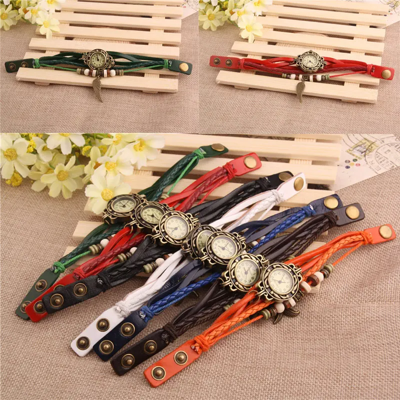 Relojes Vintage de imitación de cuero para mujer, reloj de pulsera informal con cuentas de madera y escultura de ala, femenino - Imagen 5