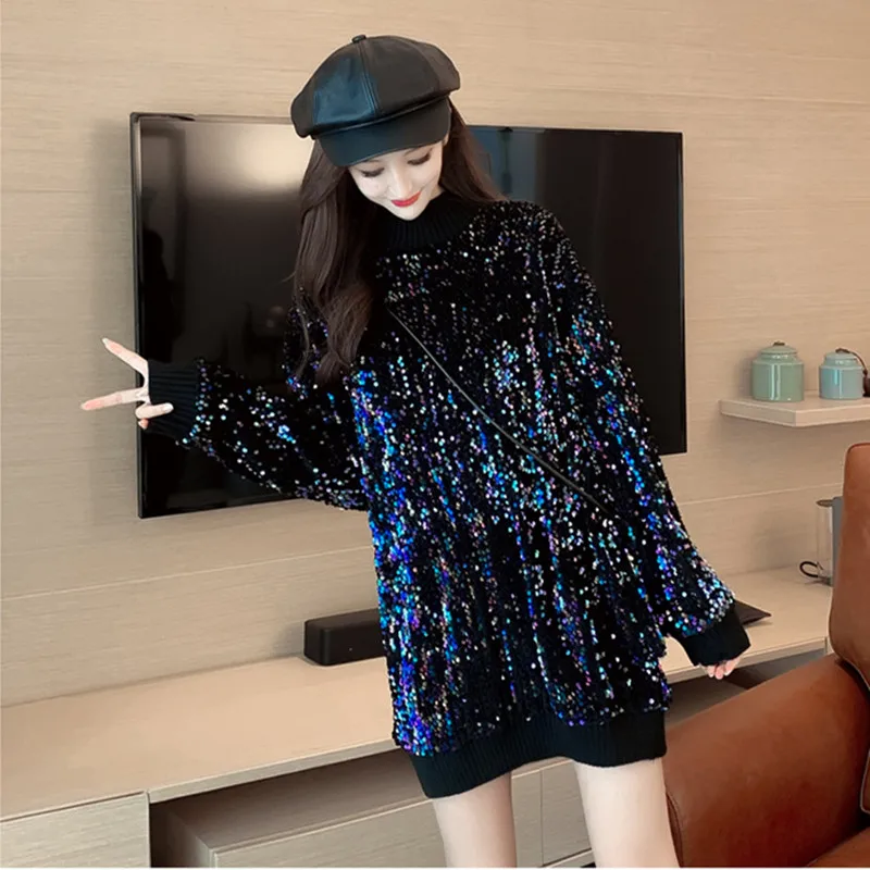 Kutch baby2019 Зимний ретро пуловер женский с блестками утолщение плюс бархат Slim Fit рубашка с длинным рукавом Толстовка