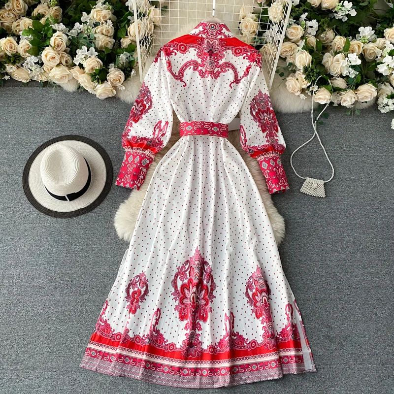 Spring And Autumn Women's Dress Retro Palace Style With Puffy Sleeves Belt Temperament Holiday