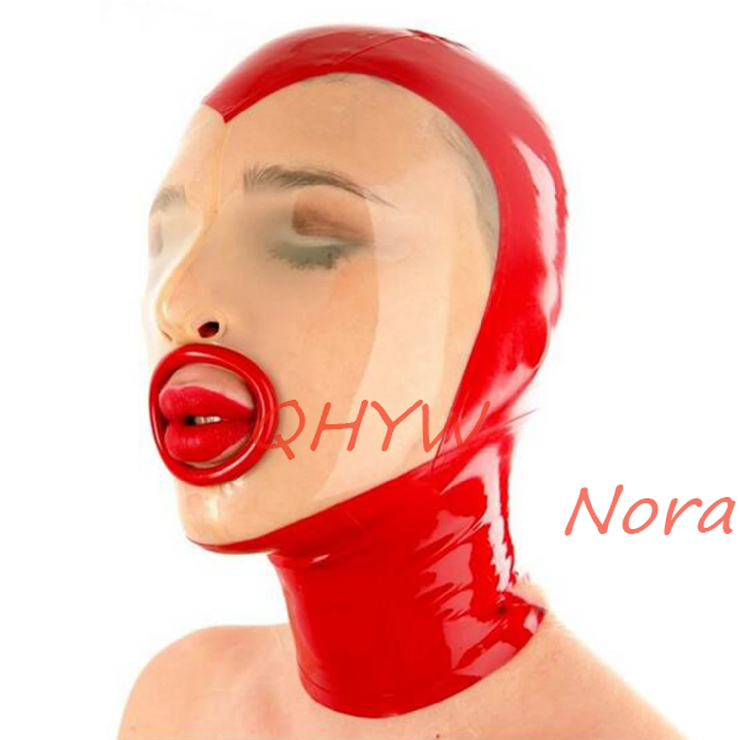 

Sexy Handmade Latex Face Mask for Female Exotic Latex Full Breath Hole Hoods Mask Mouth with Red Circle Cekc Lingerie Uniform