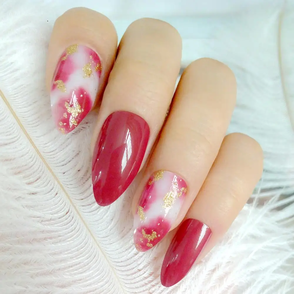

24Pcs Blooming Gradient Short Stiletto Fake Nails Wine Red Artificial False Nails With Design Full Cover Tips Manicure Tool