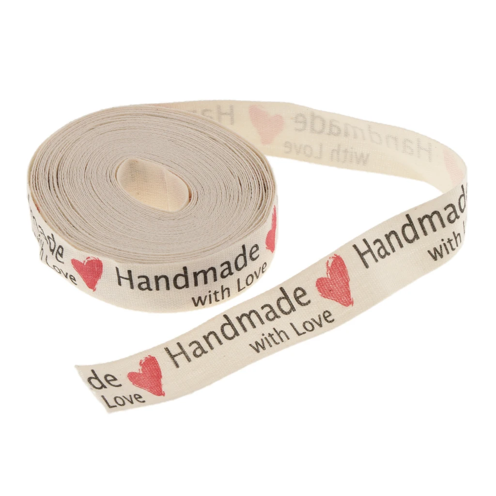 15mm 5 Yards Hand Made with Love Cotton Ribbon Belt Roll Gift Wrap DIY Sewing Accessories