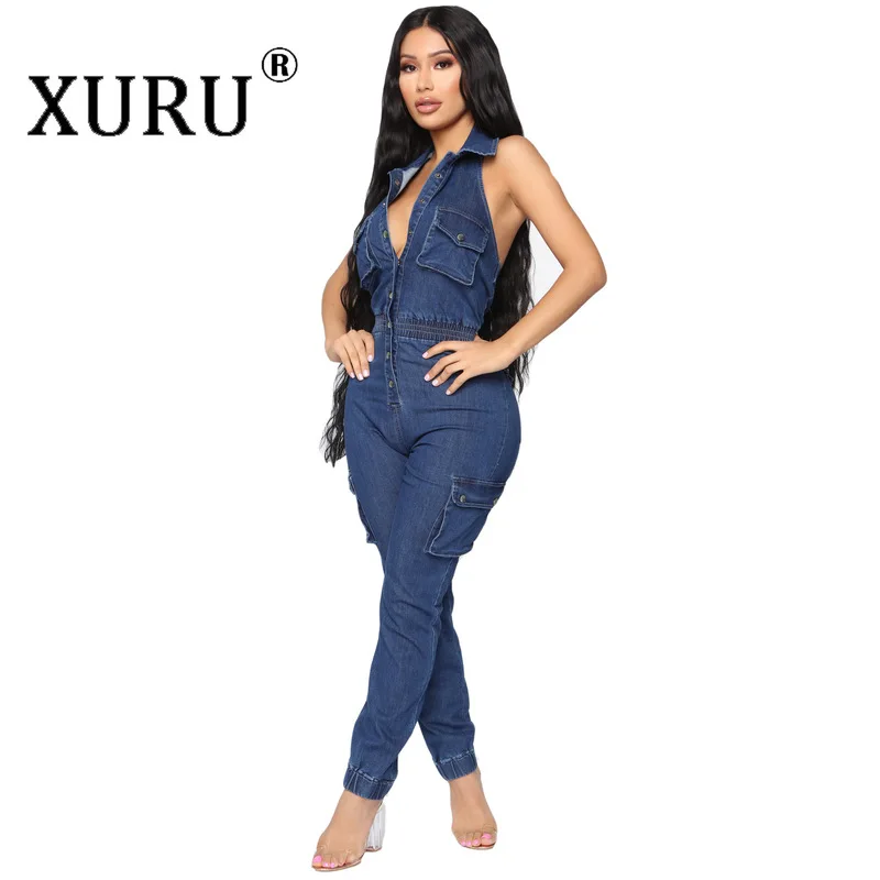 halter denim jumpsuit