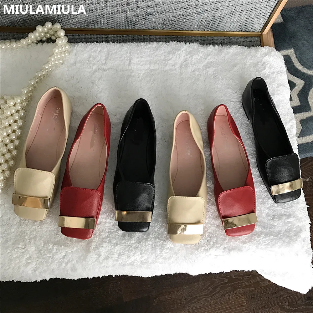 

MIULAMIULA Brand Designers 2019 Autumn Luxury Metal Decoration Square Toe Ballet Flats Woman Shoes Slip On Korean Loafers Casual