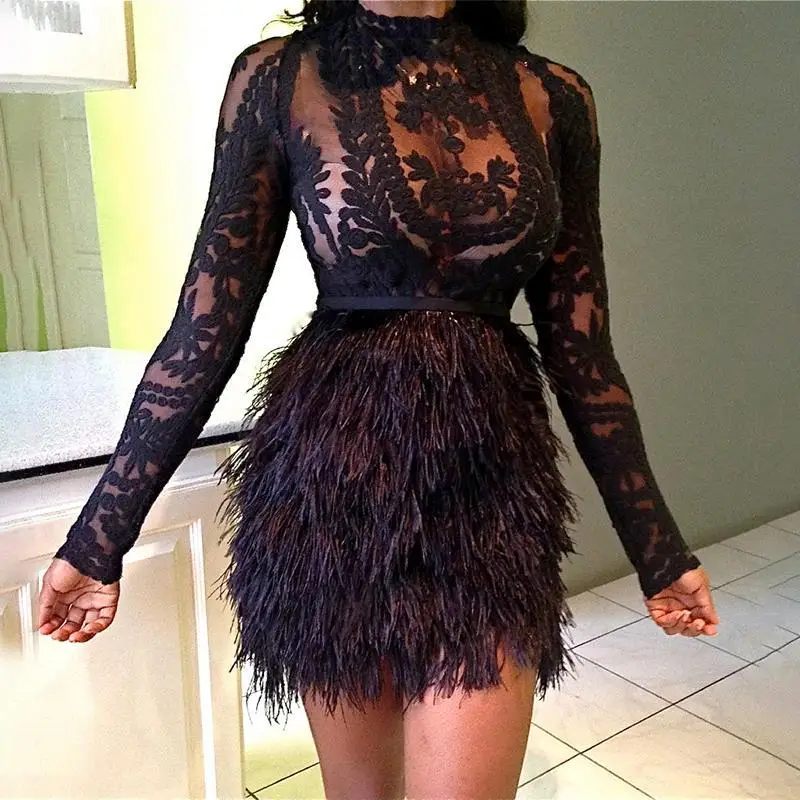 Sexy Dress UIDEAZONE Сетчатое лоскутное перспективное женское платье из искусственного меха с длинным рукавом Женские платья бодикон Повседневный весенний комплект из двух предметов - Цвет: Sexy Dress
