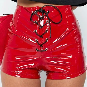 

Europe Fashion Female Bandage PU Leather Shorts Women Shiny Leather High Waist Shorts