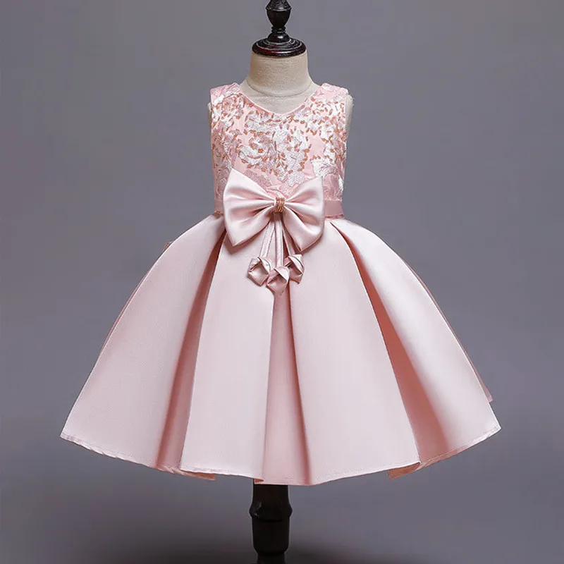 

Elegant Embroider Satin Beaded Bow Show Tutu Girl Dress Princess Performance Party Piano Evening Dress for Girls Costume K1-1765
