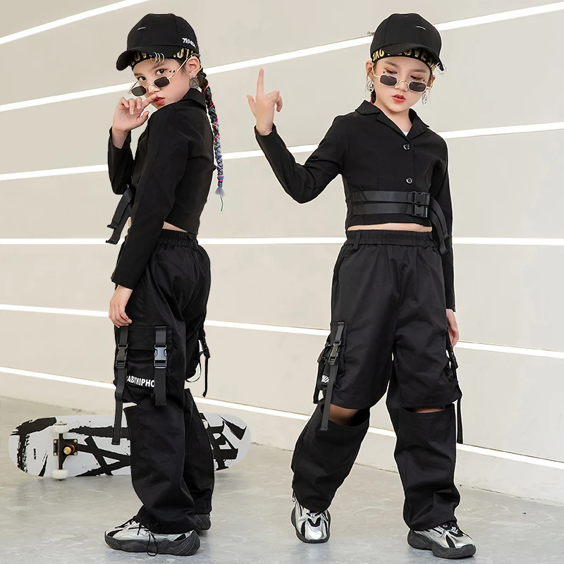 Handsome Hip Hop Clothes For Kids Girls Black Suit Jazz