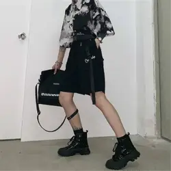 Женская высокая талия широкие брюки карго шорты черный карман Женские шорты 2019 летняя винтажная женская одежда классные хип хоп Шорты