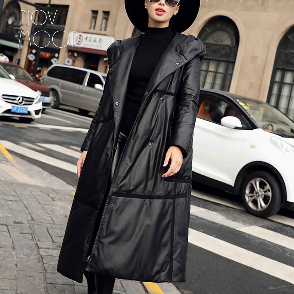 Novmoop high street women winter black hooded sheepskin genuine leather long down coat with button decor manteau femme LT2943