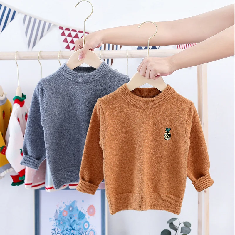 Pick Color Pick Code New Style Korean-style Baby Solid Color Base Sweater Faux Mink Cashmere Embroidered Pineapple BOY'S GIRL'S