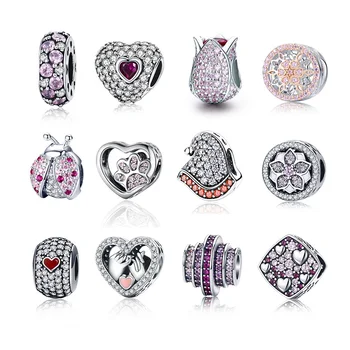 

Hot Sale 100% Real 925 Sterling Silver Dazzling Pink CZ Charm Beads Fit Original Pandora Bracelet Pendant DIY Jewelry Making