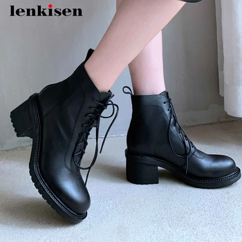 

Lenkisen hot sale short boots natural leather high quality coolest round toe thick high heel lace up solid star ankle boots L73