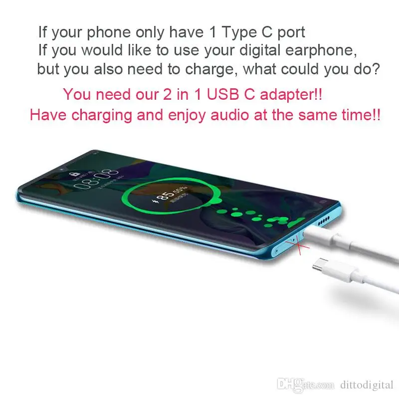 2 in 1 USB C Adapter Audio and Charger Splitter 3A Fast charging and DAC HIFI music 1 Type C Male to 2 Type-C female port for Pixel HuaWei