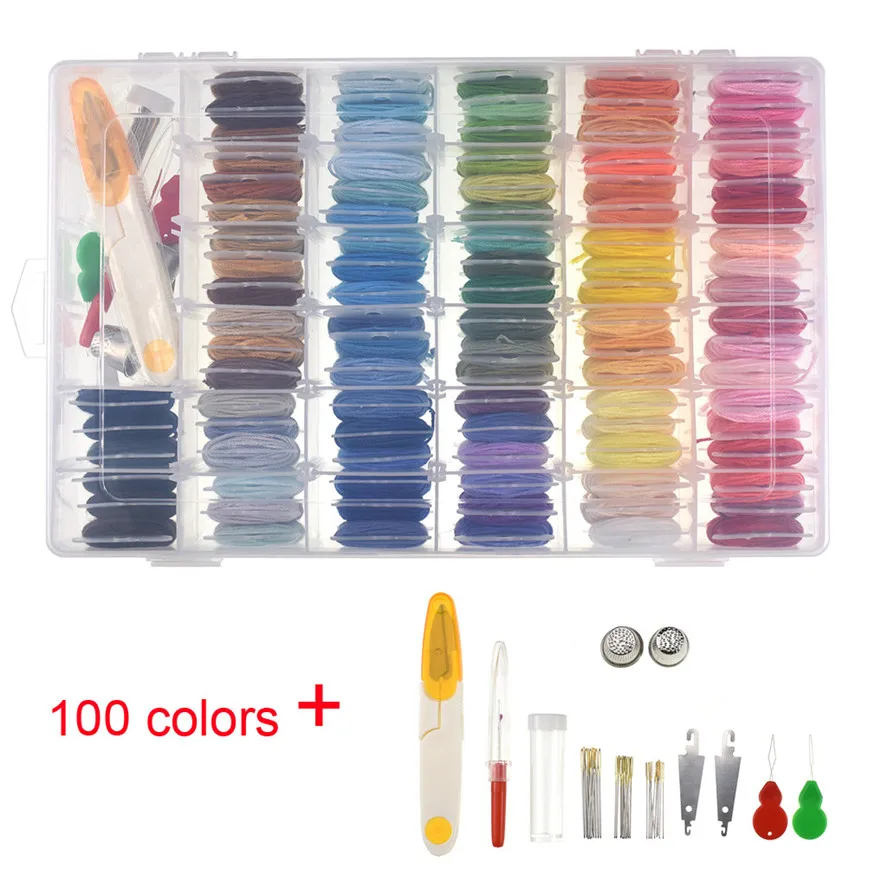 

New 1Set Embroidery Floss with Organizer Storage Box 100 Colors Rainbow Floss Bobbins and Cross Stitch Set 0808#30