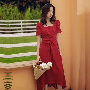 

French vintage party brought new dress female summer beach skirt waist show thin hubble-bubble sleeve chiffon dress