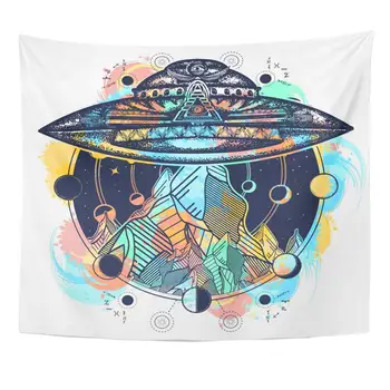 

Mandala 50x60 Inches Watercolor Space UFO Ship and Mountains Color Tattoo Aliens Astrology Camping Kidnap Decor Tapestry Wall