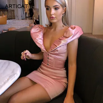 

Articat Puff Sleeve Satin Sexy Party Dress 2020 Deep V Neck Breasted Bodycon Mini Dress Women Winter Christmas Dress Vestidos