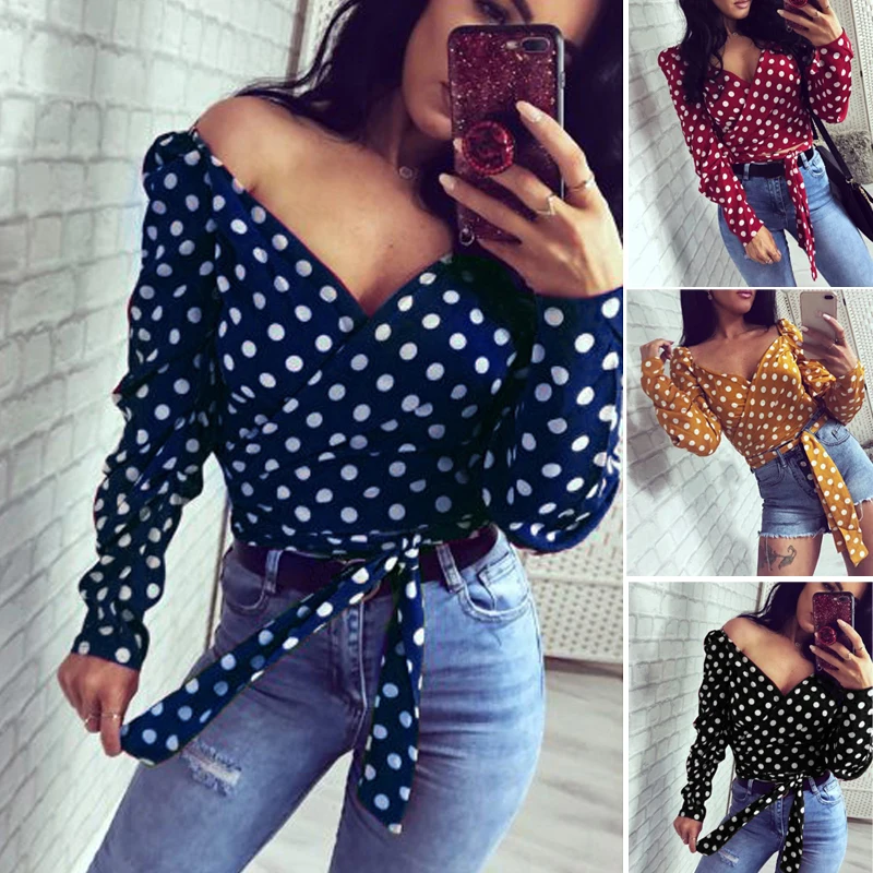Женская свободная рубашка с длинным рукавом в горошек Boho Женская Повседневная рубашка с v-образным вырезом Топы Блузка