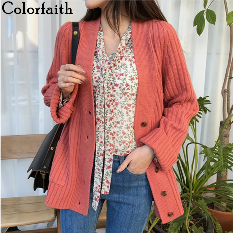 

Colorfaith Women Sweaters Autumn Winter 2019 fashion Korean Style Vintage Casual V-Neck Cardigans Solid Single Breasted SW5044