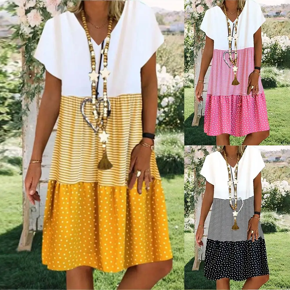 

Women Boho V Neck Short Sleeve Stripes Dots Patchwork Loose Knee-length Dress