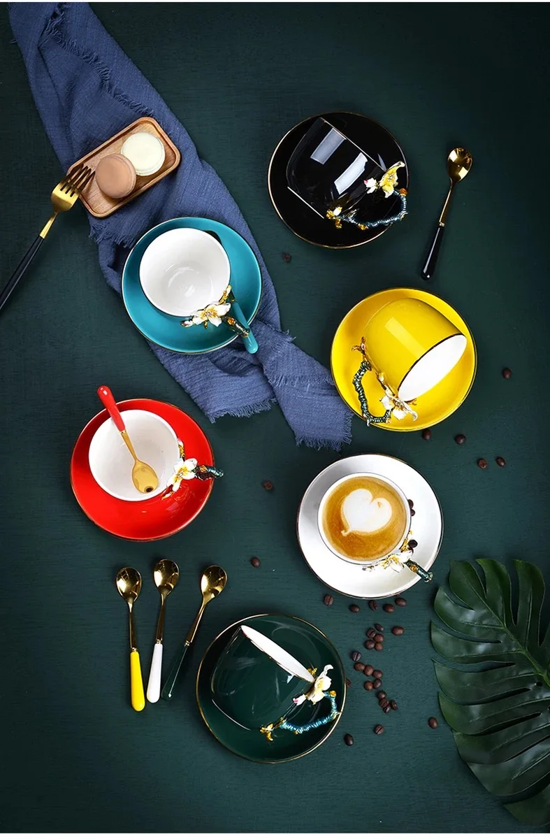 Ceramic Enamel Coffee Cup and Saucer Handpainted Porcelain Tea Cup Set with Spoon Classic Drinkware Gift