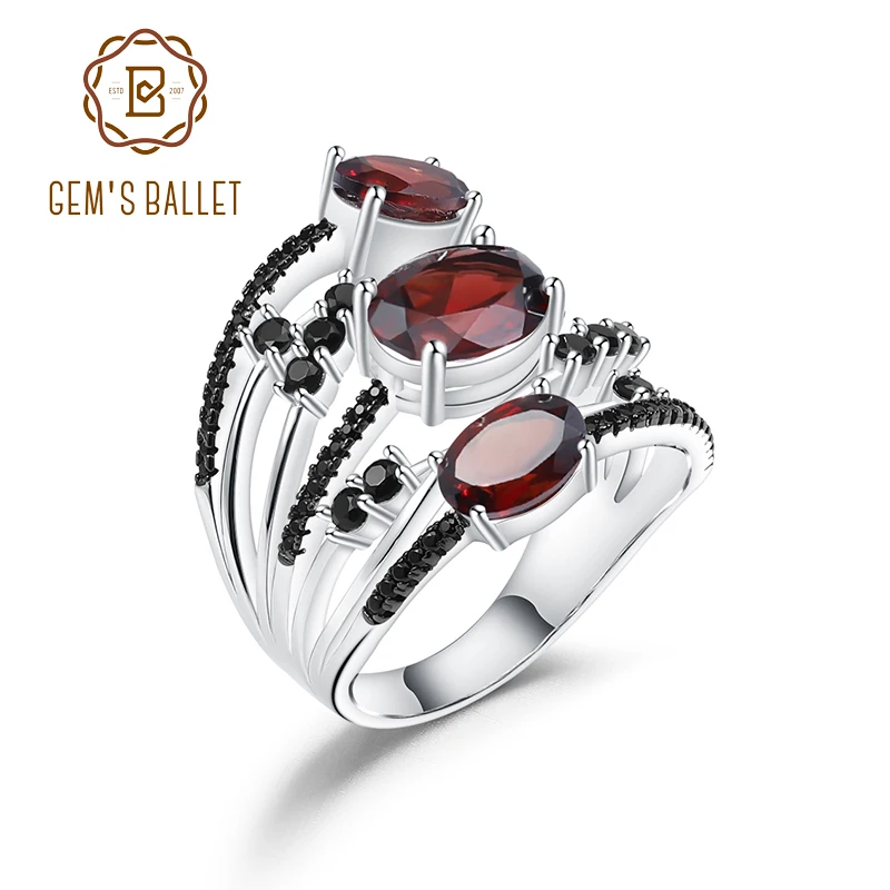 

GEM'S BALLET 4.0Ct Natural Red Garnet Birthstone Rings For Women 925 Sterling Silver Stackable Three Stone Ring Fine Jewelry