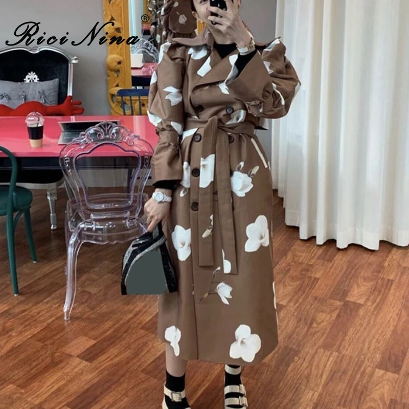 Kopen Ricinina Trenchcoat Vrouwen Lange Mouw Knoppen Sjerpen Bloemenprint Vrouwen Jassen Oversized Lange Windjack Vrouw Lente Uitloper