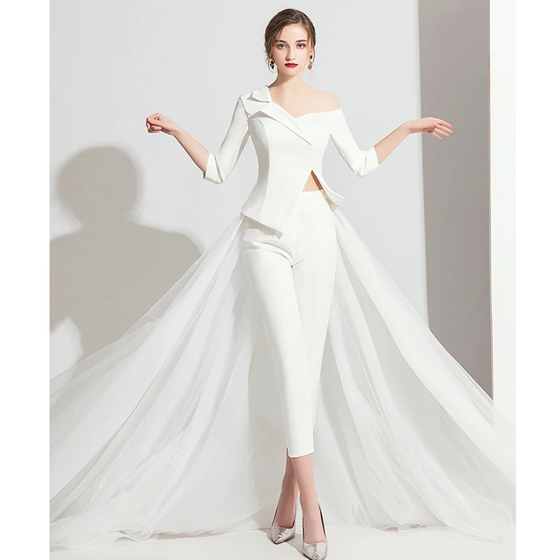 Вечернее платье, одно плечо, Платье De Soiree, открытая спина, женские вечерние платья, большие размеры, три четверти, рукав, вечерние платья E740 - Цвет: white