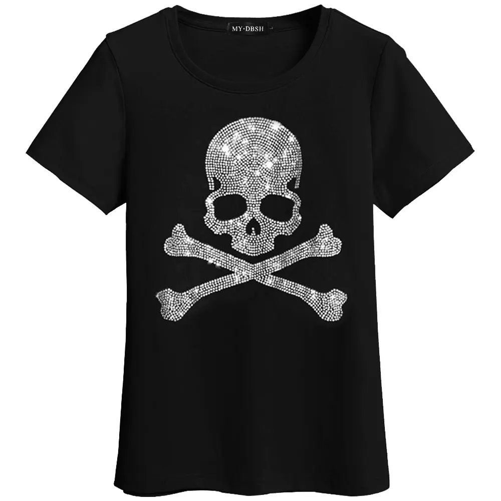 Модная футболка женская Blusa Мягкий хлопок футболки сверкающие алмазы с принтом «череп» Футболка harajuku короткий рукав женская одежда - Цвет: T011-O-Black